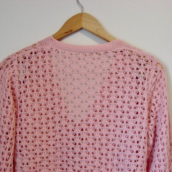 Pink Boho Crochet Knit Tie Front Cardigan Sweater Scallop Trim Cropped Top Small - Picture 15 of 16